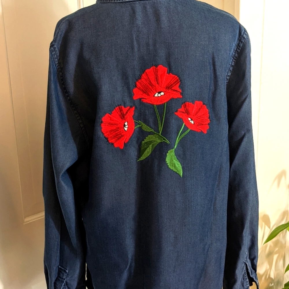 Denim Button Up Long sleeve blouse with beautiful floral embroidered back